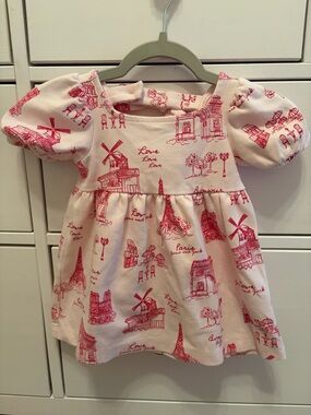 Janie and Jack Pink Puff Sleeved Dress Paris Love Theme Size 6-12 months